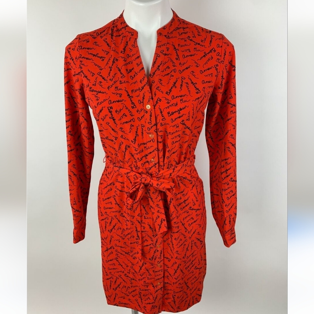 Banana Republic Red Black Script French Lettering Words Tie Waist Dress 6P